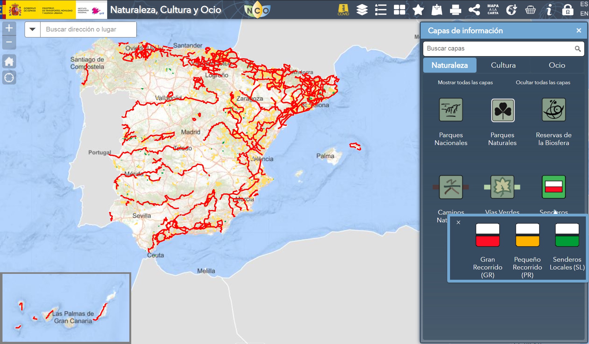 Imagen de Portada: El mapa cartográfico de España y los senderos FEDME en el visualizador Naturaleza, Cultura y Ocio.