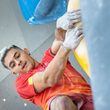 Munich (GER), 11 August 2022: Ginés López Alberto of Spain competes in the Boulder qualification during the 2022 European Championships in Munich (GER).

© Jan Virt / IFSC. This photo is for editorial use only. For any additional use please contact marco.vettoretti@ifsc-climbing.org