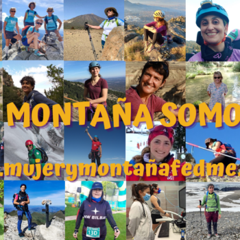 La foto muestra un collage con imágenes de muchas mujeres que han participado en nuestras diferentes campañas y entrevistas. Aparece como eslogan: “Mujer y montaña somos todas” y la página: www.mujerymontañafedme.es