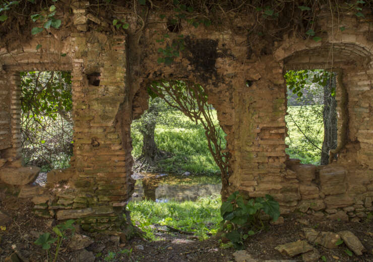 Foto en color que presenta la vista interior de las ruinas del Molino de la Molineta, con el río Ciudadeja en segundo plano